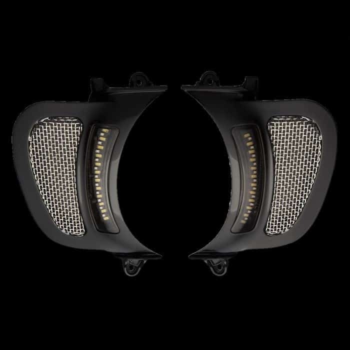 DYNAMIC LED VENT INSERTS FOR ROAD GLIDE – Gloss Black Finish – Stainless Mesh – Rick Rak