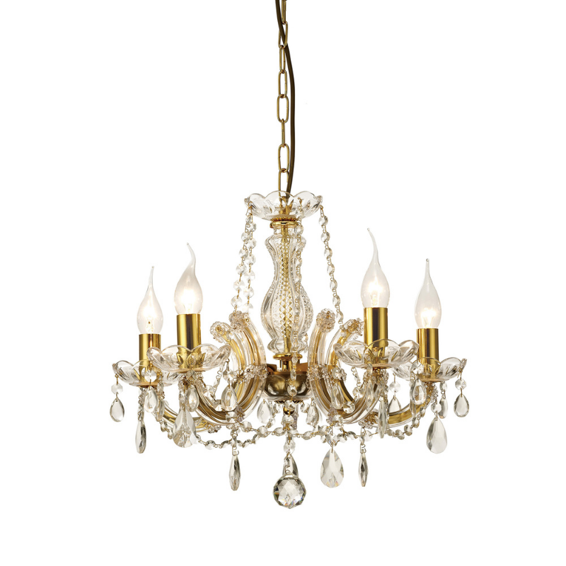 Deco Gabrielle 5 Light Chandelier With Glass Sconce And Glass Crystal Droplets In Polished Brass Finish D0021 – Gabrielle ceiling – Deco – Daz