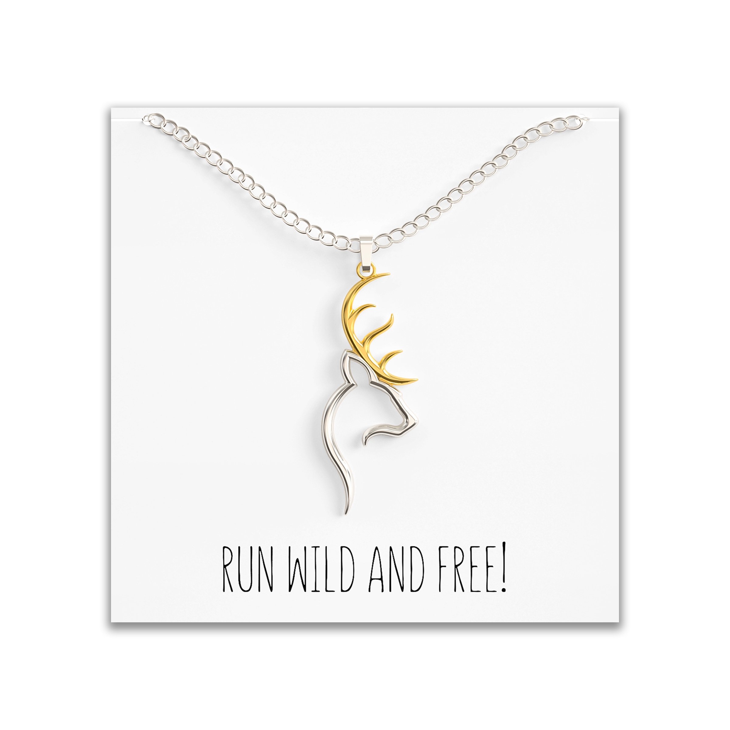 Deer Necklace With Tribal Antlers Cute Pendant For Animal Lovers – Perfect Buck Charm For Woman – Gold & Silver Plated – Happy Kisses