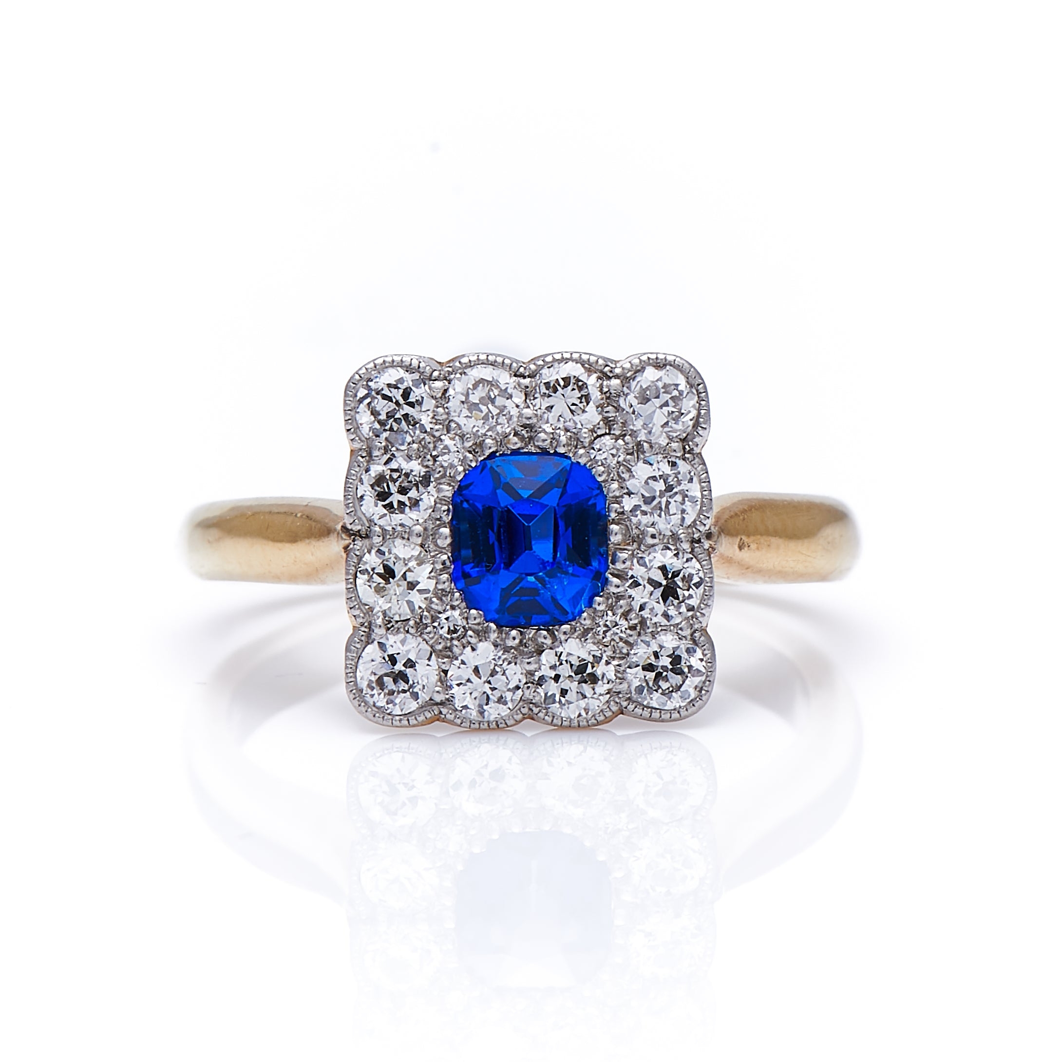 Edwardian, 18ct Gold, Platinum, Sapphire and Diamond Cluster Ring – Vintage Ring – Antique Ring Boutique
