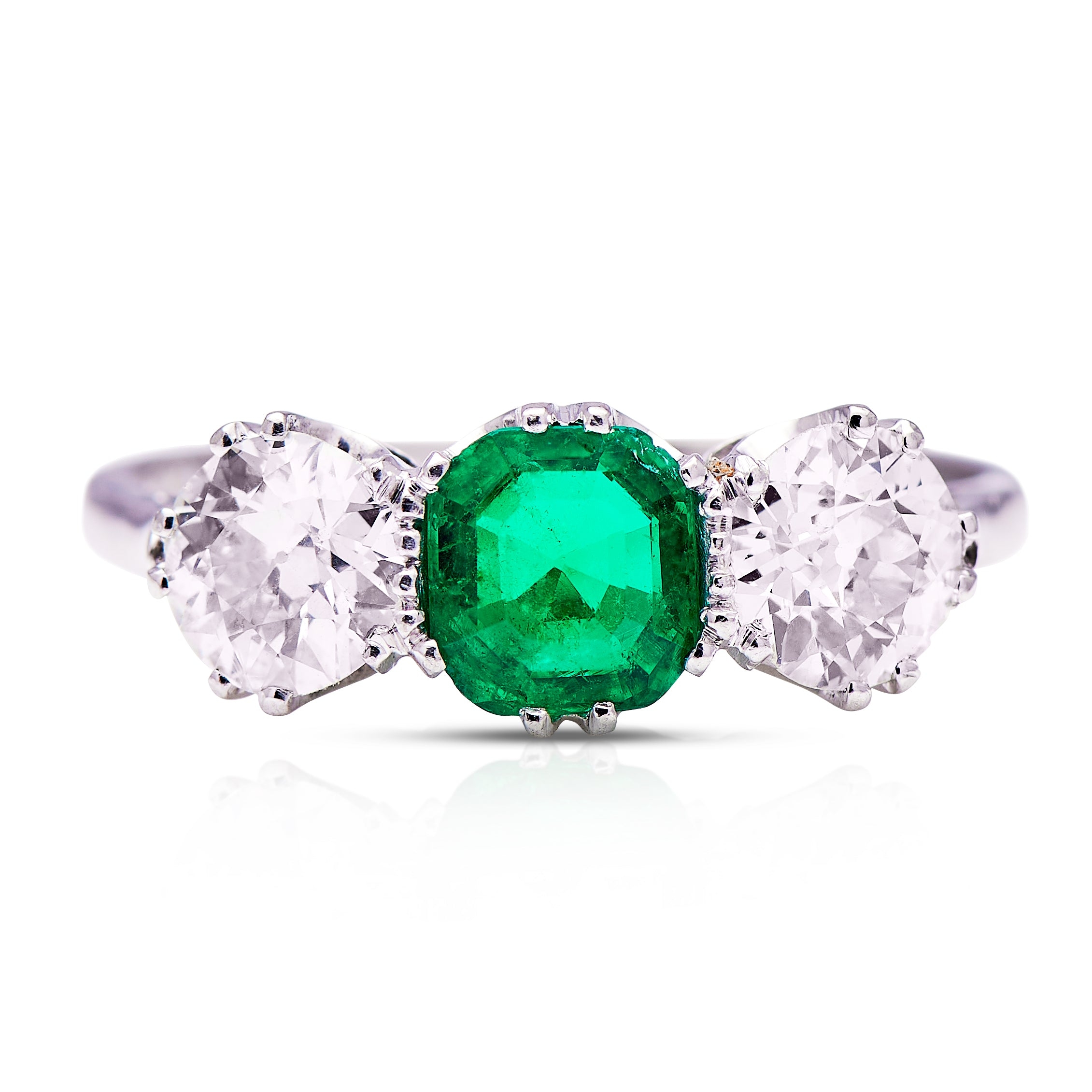 Art Deco | Platinum, Emerald and Diamond Three Stone Ring – Vintage Ring – Antique Ring Boutique