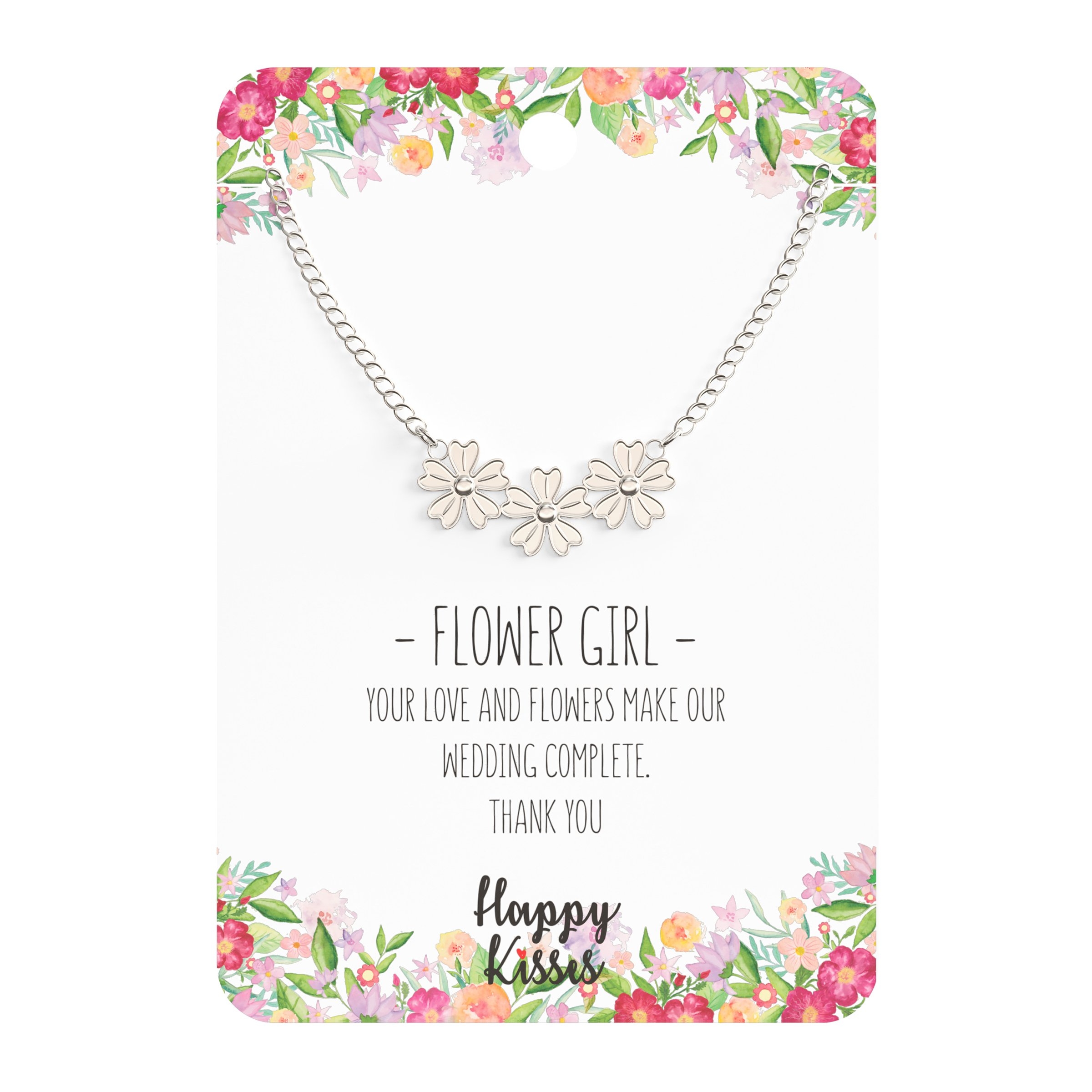 Flower Girl Necklace – Silver – Wedding Complete Thank You – Message Card – Happy Kisses