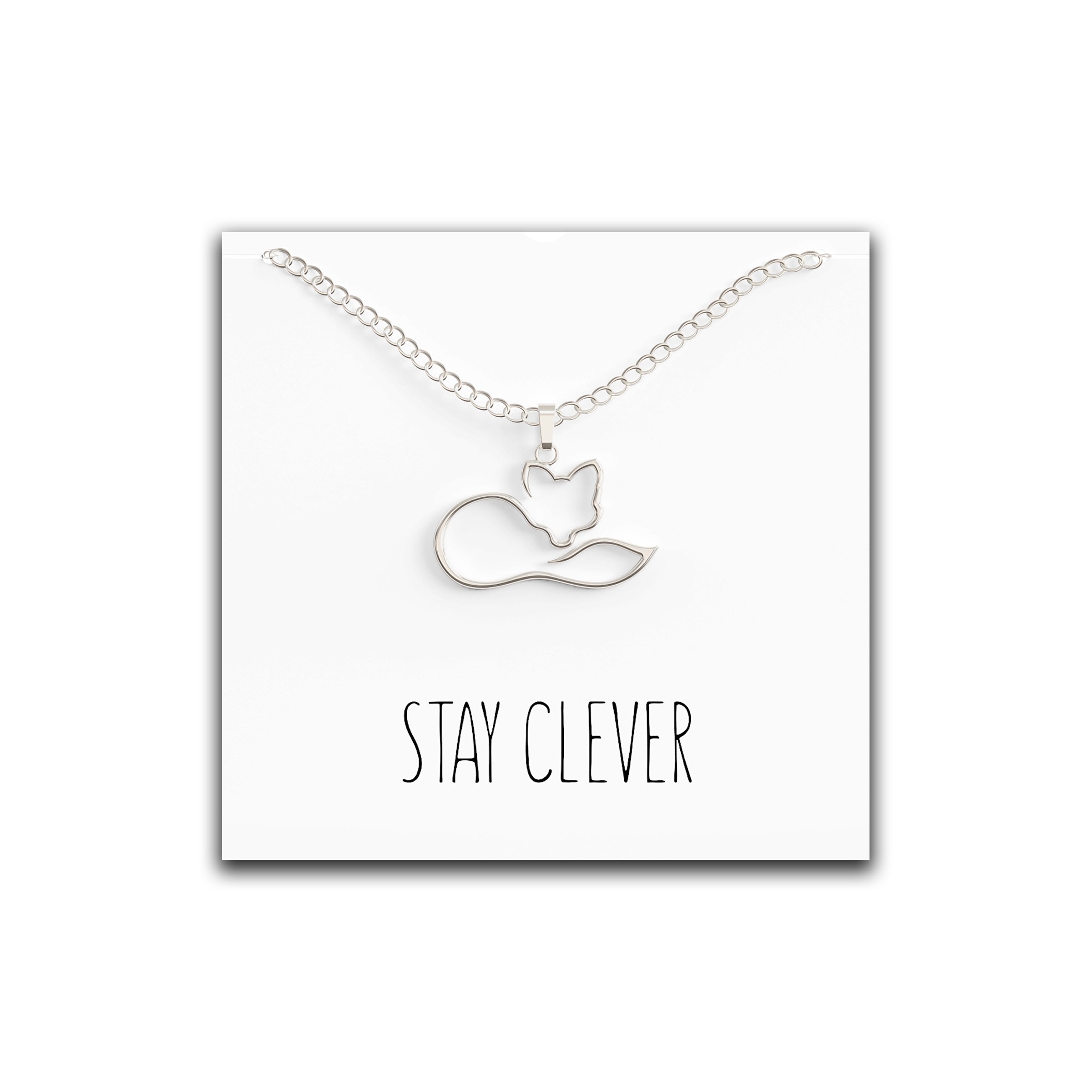 Fox Necklace – “Stay Clever” Message Pendant – Cute Charm Gift Silver – Happy Kisses