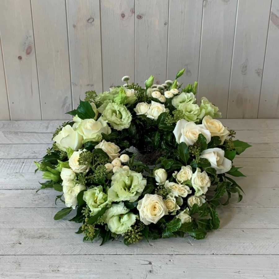 Funeral Wreath Creams Greens Whites Medium (as displayed) – Blooming Amazing