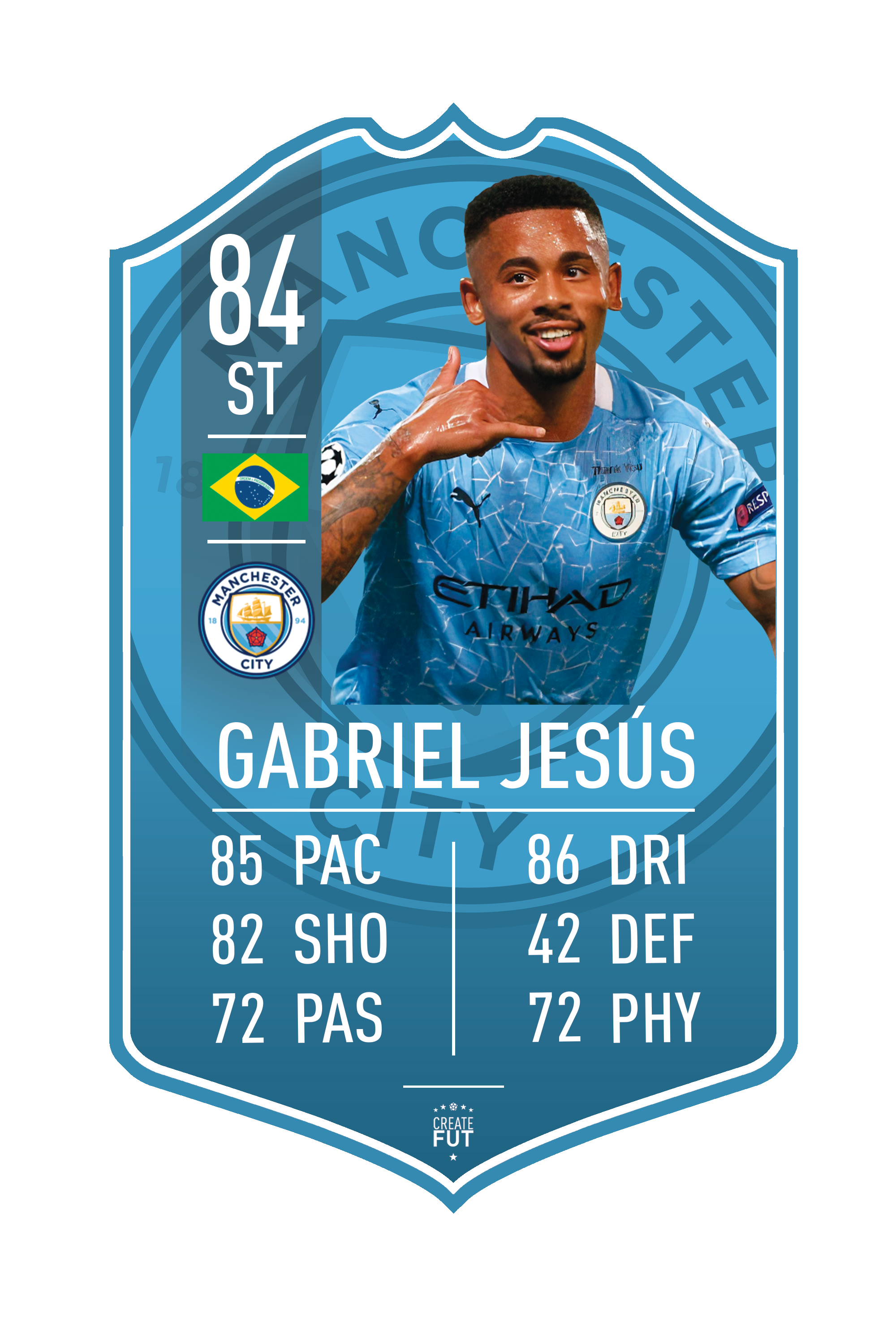 Gabriel Jesus MCFC pre-made card – A4 | (21cm x 29.7cm) – Fifa Ultimate Team Card – Create FUT