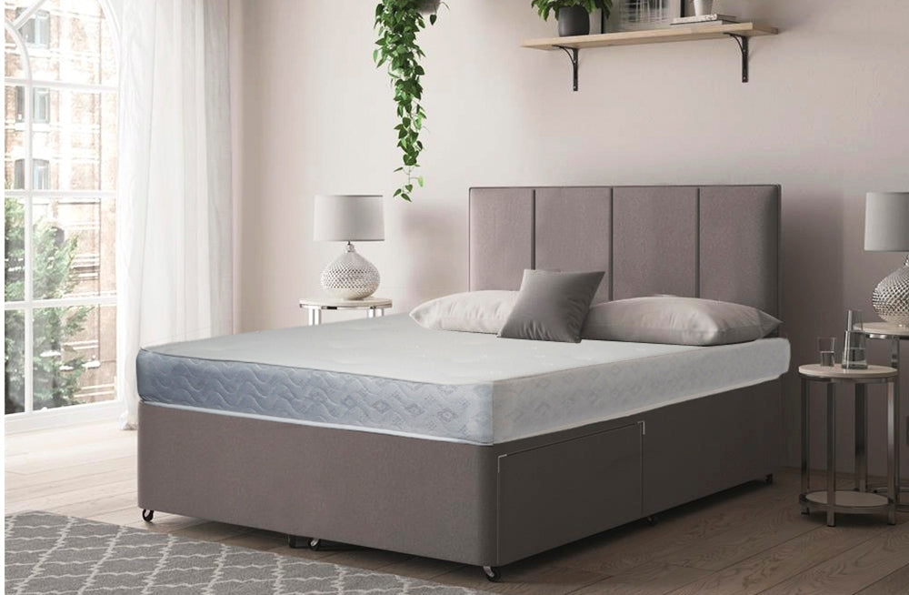Grey Plush Suede Divan Bed Set With 4 Panel Headboard And Free Tinsel Top Mattress – Furnishop