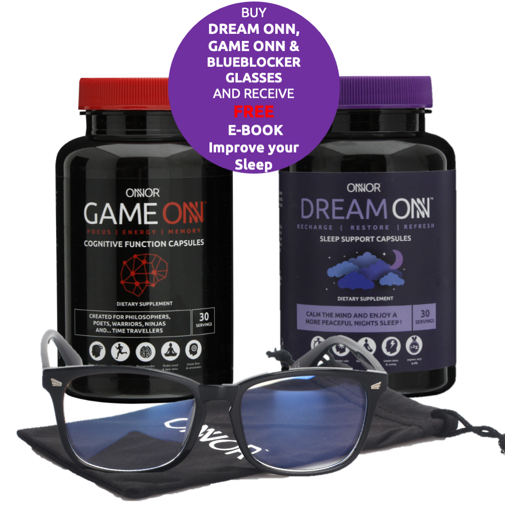 Game ONN, Dream ONN & Free Blue Blocker Glasses – Fall Asleep Faster – Deeper & Less Disturbed Sleep – Vegan – Gluten & GMO Free – ONNOR Limited