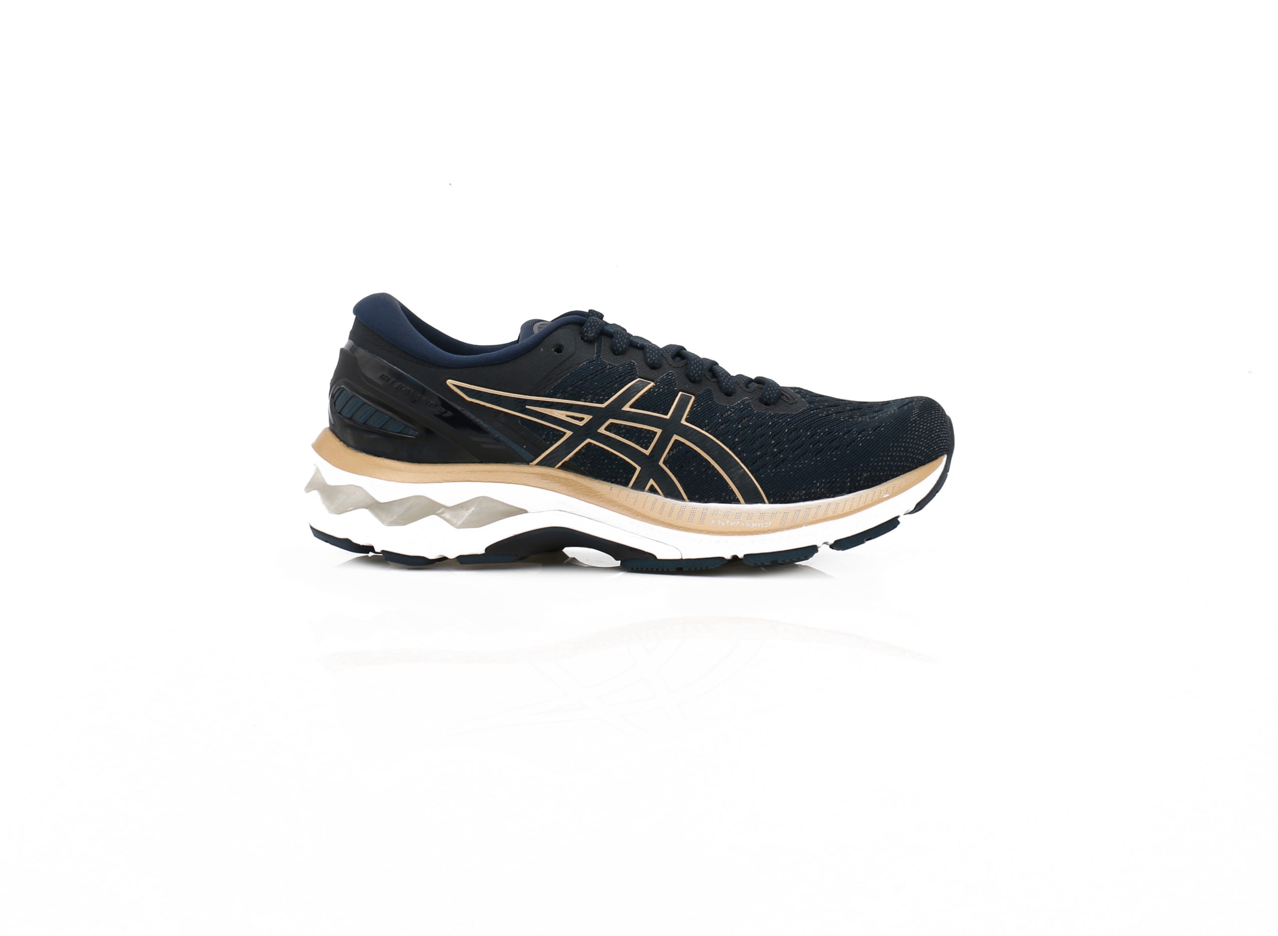 Womens Asics Gel Kayano 27 – Navy Running Trainers – Suitable For Achilles Pain / Collapsed Arches – Size 10 – Gold / Navy Blue – Synthetic Fabric