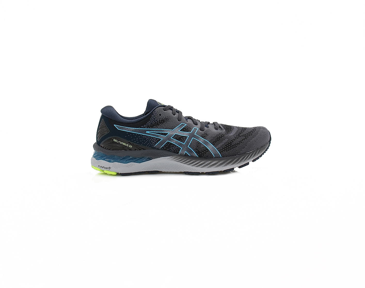 Mens Asics Gel Nimbus 23 – Dark Running Trainers – Suitable For Achilles Pain / Orthotics – Size 10.5 – Black / Blue / Grey – Synthetic Fabric