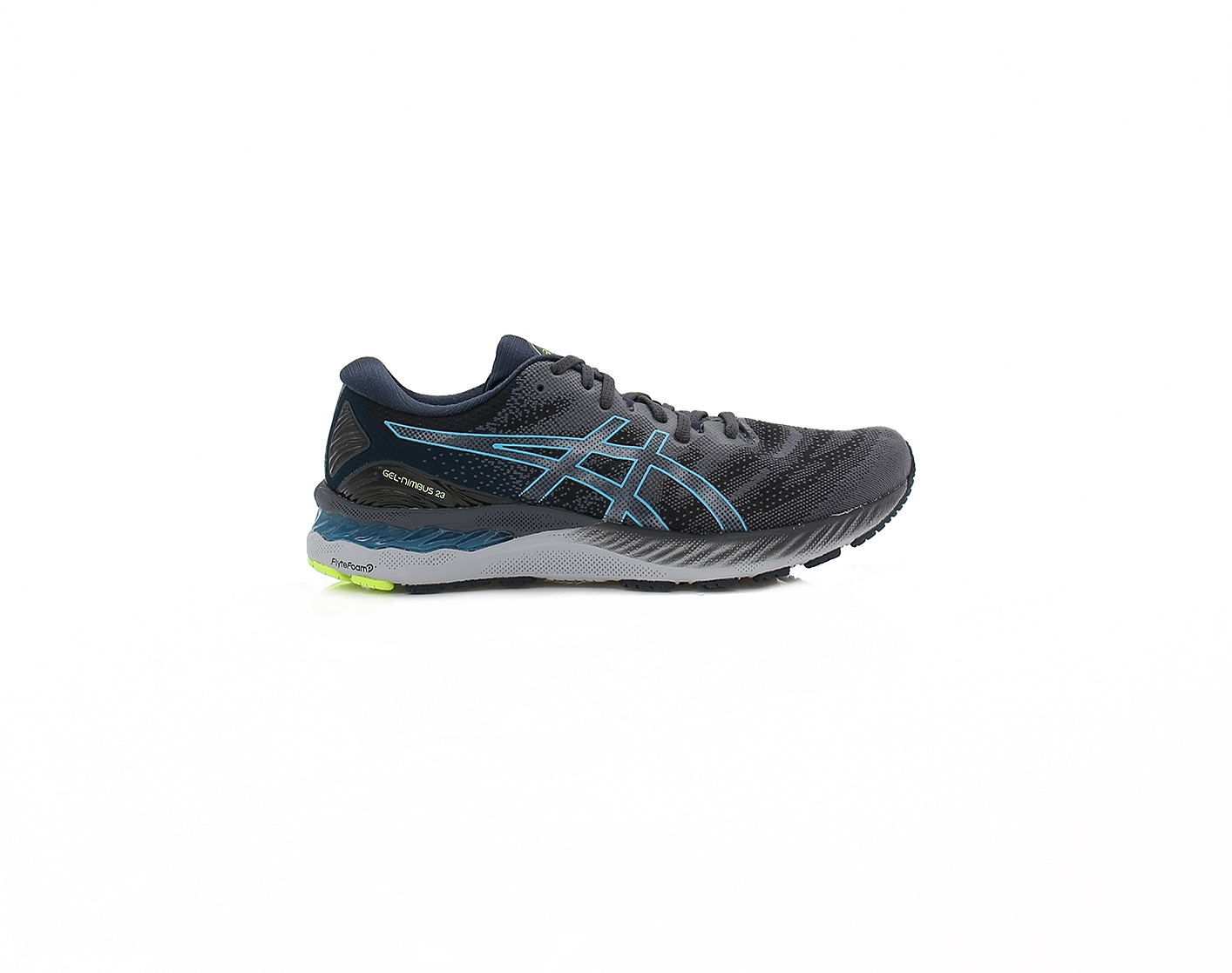 Mens Asics Gel Nimbus 23 – Dark Running Trainers – Suitable For Achilles Pain / Orthotics – Size 10.5 – Black / Blue / Grey – Synthetic Fabric