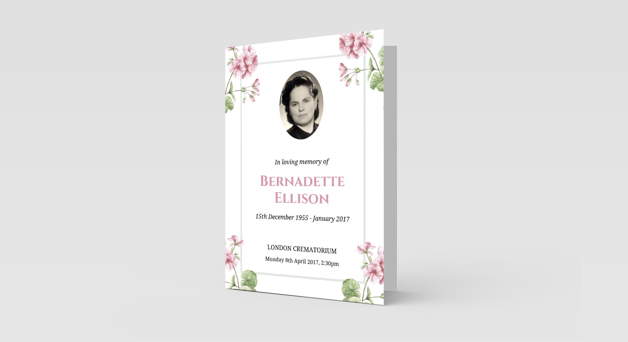 Funeral Order Of Service – Geranium Pink Flowers With Photo Personalised Design – High Quality Print – Heavy 300g Card – Qty (10x) – Memorial Booklet