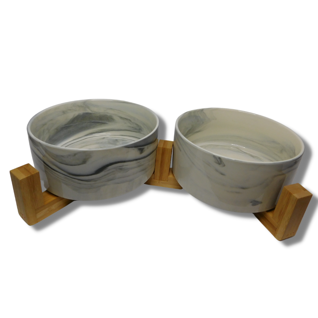 Marble Ceramic Dog bowl with wooden stand – Grey – Paws N Co