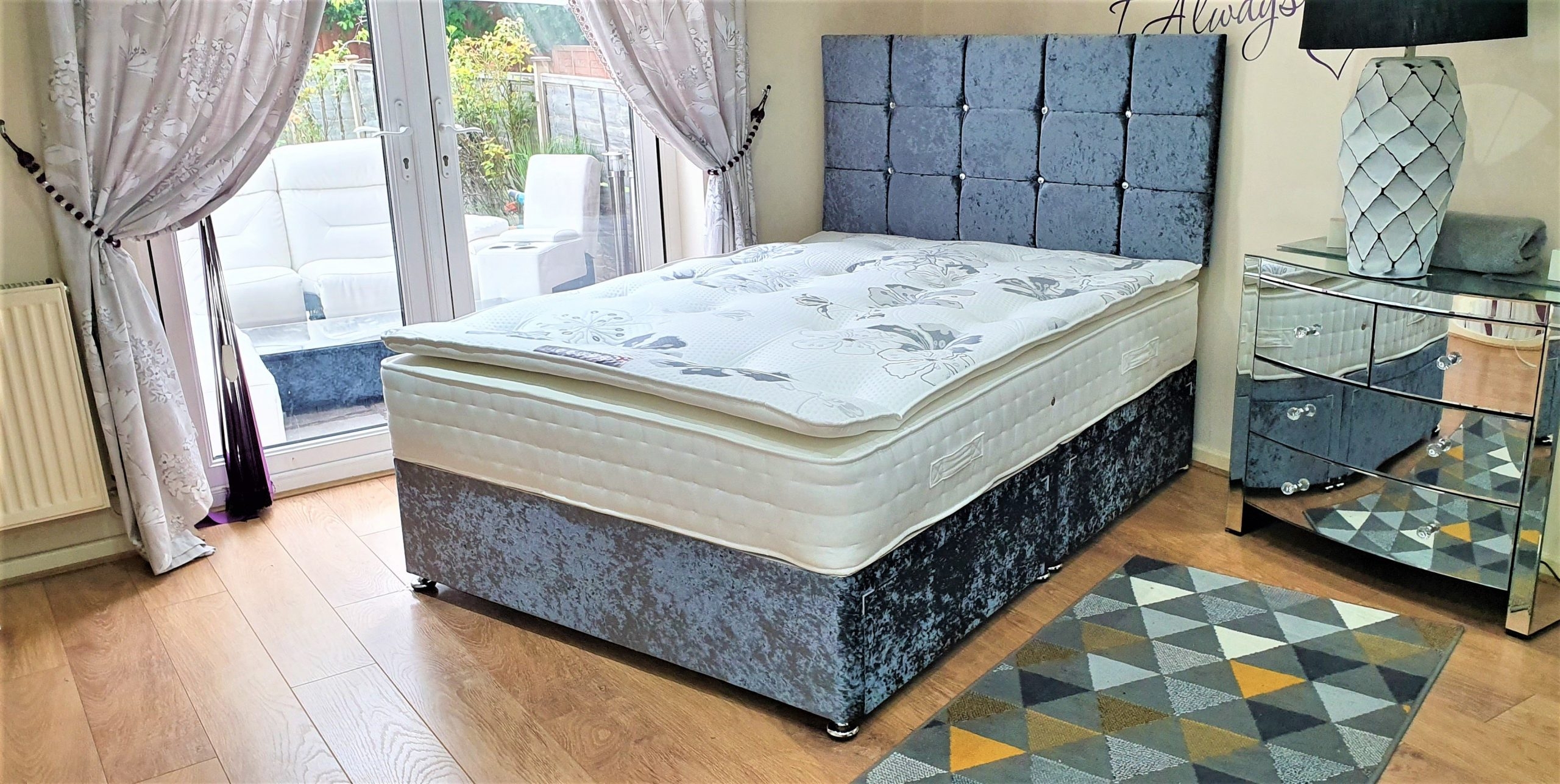 Crushed Velvet Divan Bed – Gun Grey – Single, Small Double, Double, King & Super King Sizes Available – Headboard & Mattress Included
