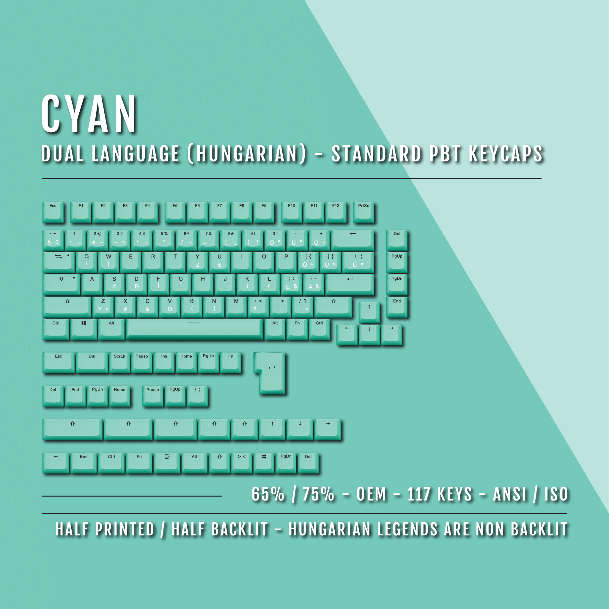 Cyan PBT Hungarian Keycaps – ISO-HU – 65/75% Sizes – Dual Language Keycaps ANSI – Krome Keycaps