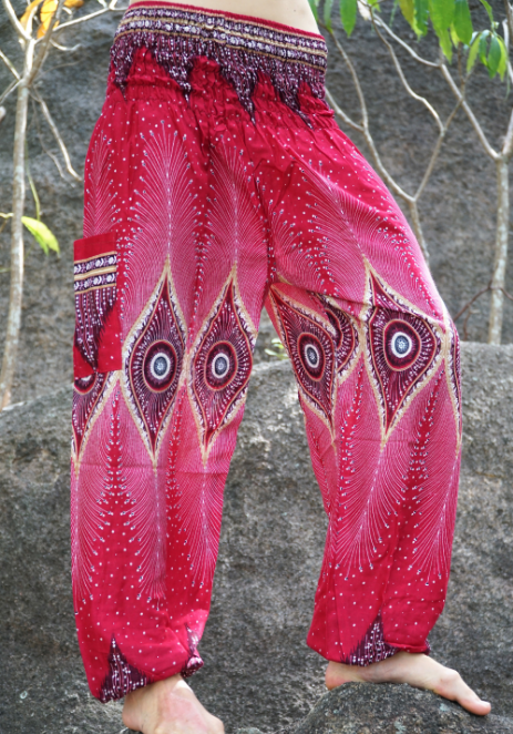 High Cut Harem Pants – Diamond Peacock Feather – Red – Medium/Large – The Karmic Chameleon