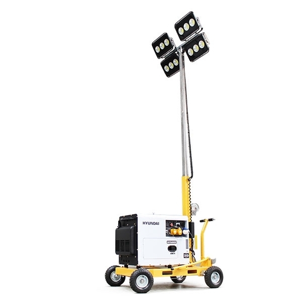Hyundai 5.2kW Diesel Generator w/ 600w LED Mobile Lighting Tower DHY6000SE-LT600 – DHY6000SE Generator + Evopower LT600-LED-i Lighting Tower
