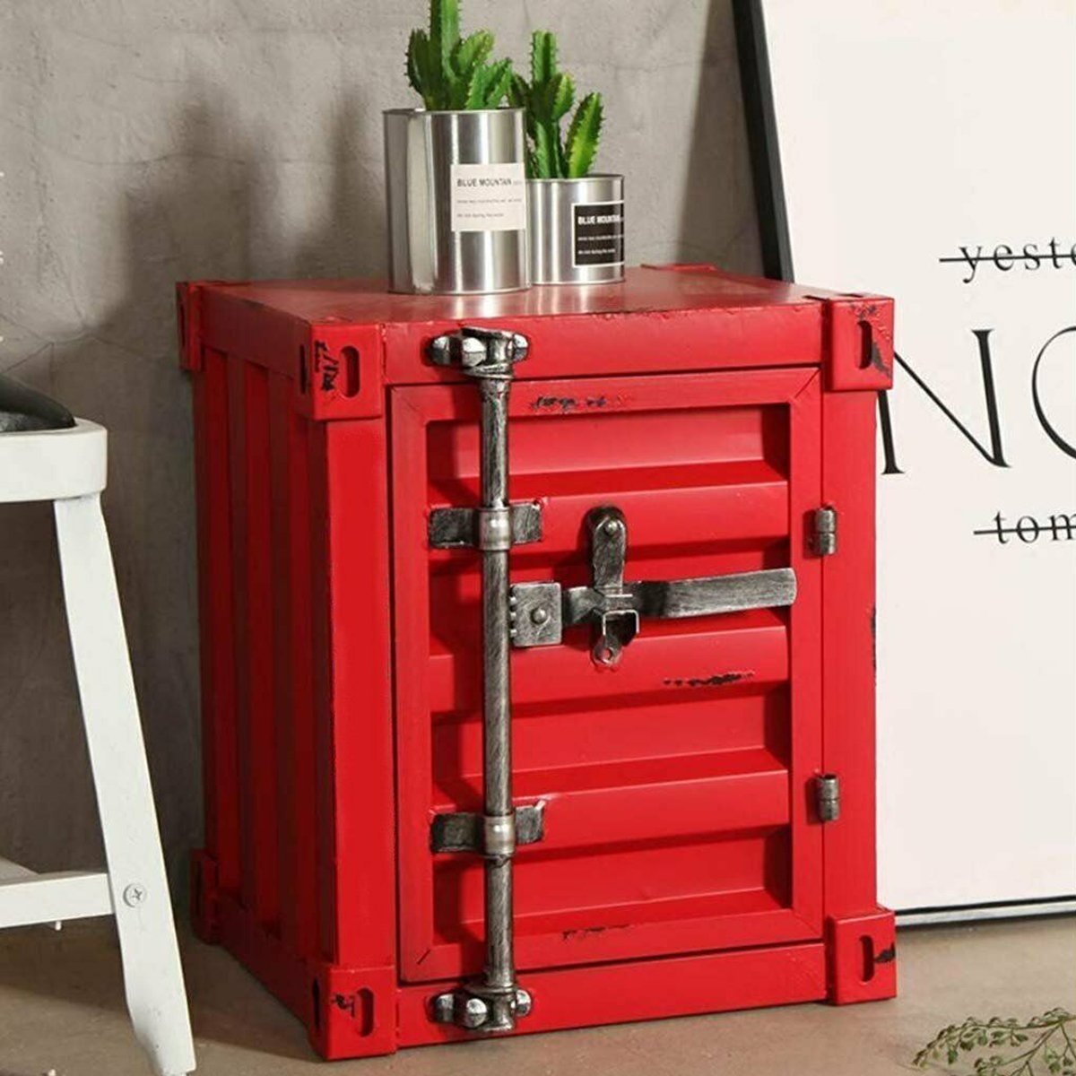 Retro Industrial Style Mini Shipping Container Table With Lockable Handle Red – By CGC Interiors