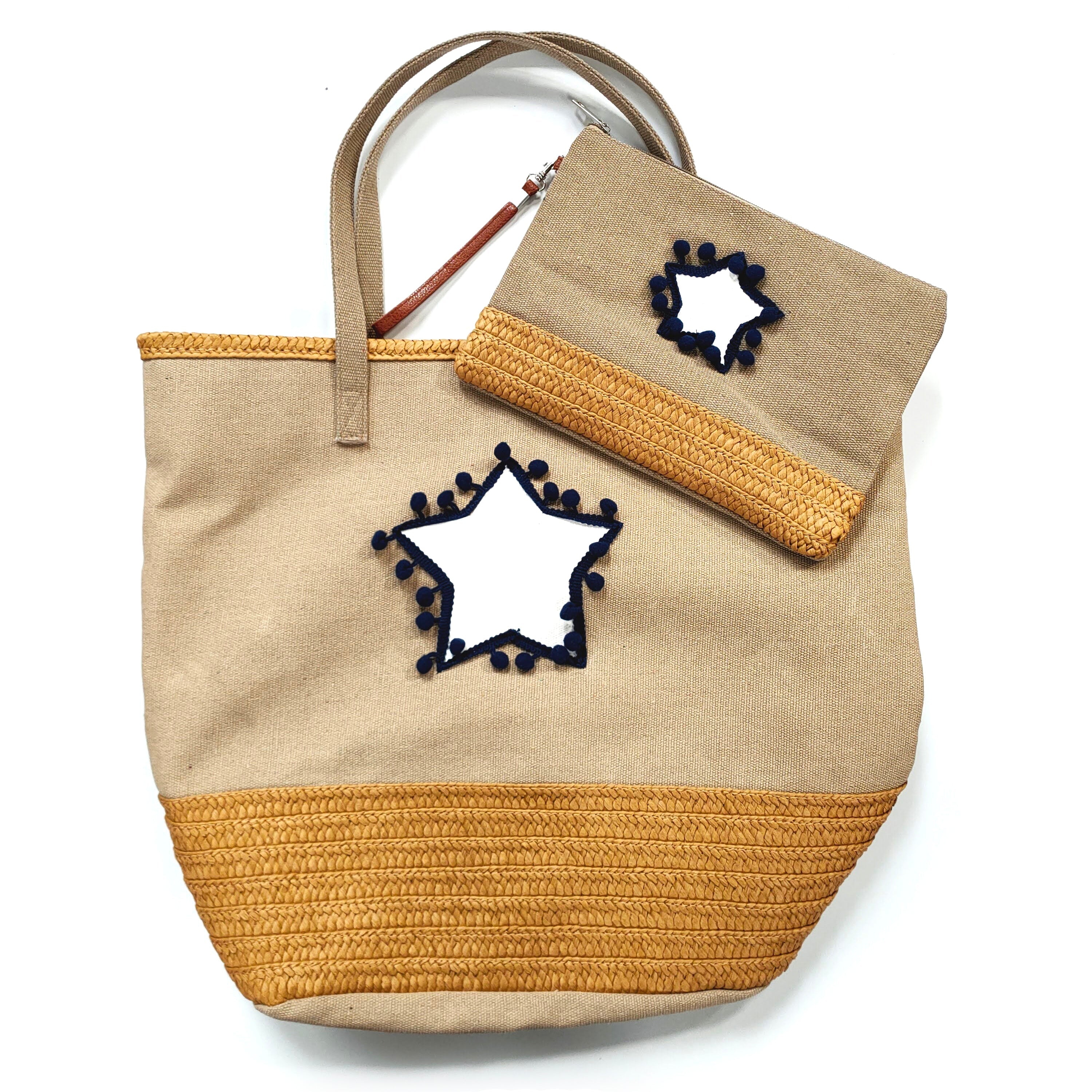 Large Beach Bag & Organiser Bag with a Star & Pompom Design Brown – The Scarf Giraffe