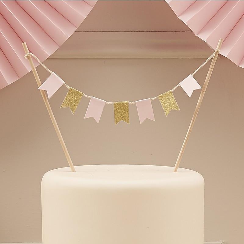 Ginger Ray – Cake Bunting – Pink And Gold Glitter – Gold / White – Party Supplies