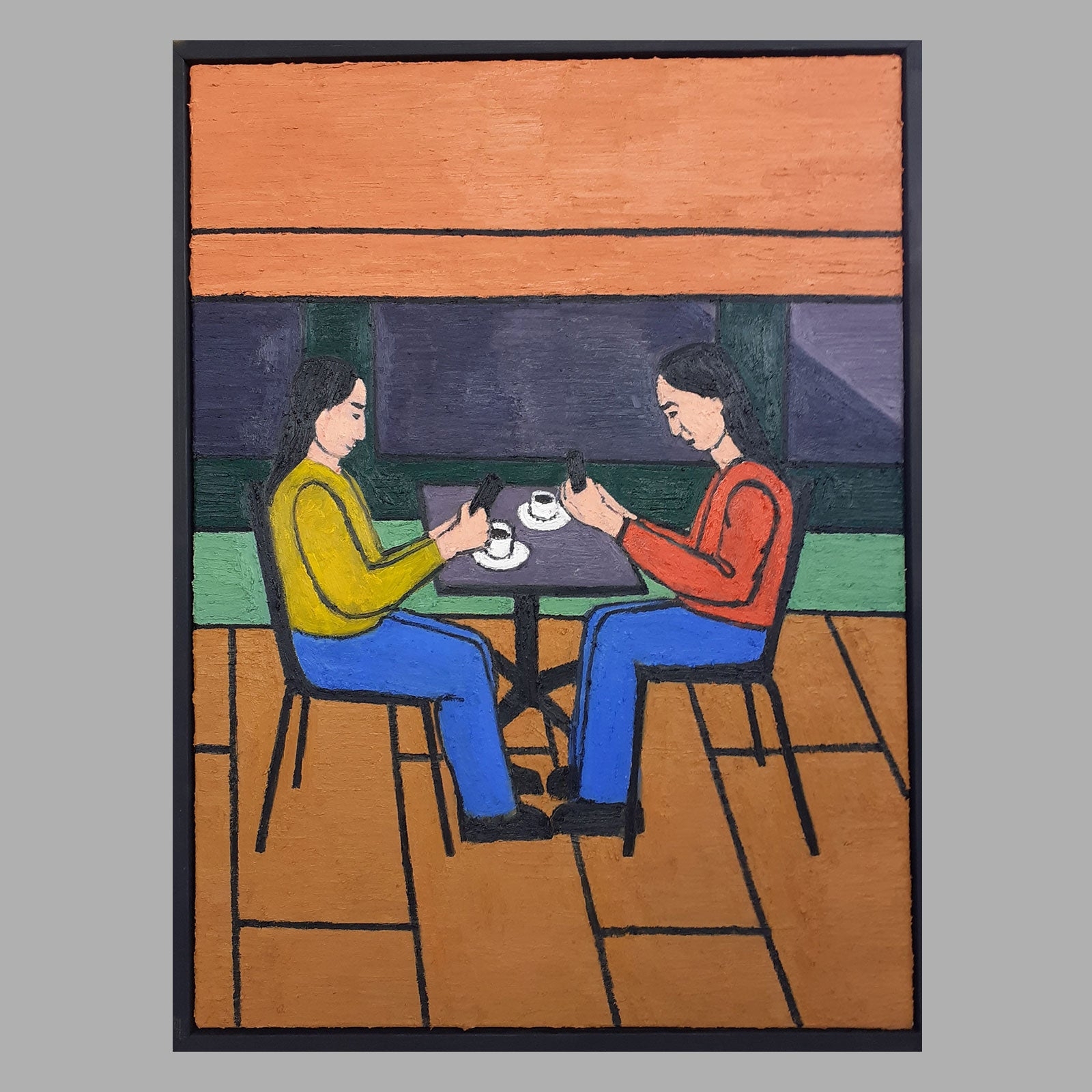 Friends Having Coffee – Framed Oil Painting – Indor