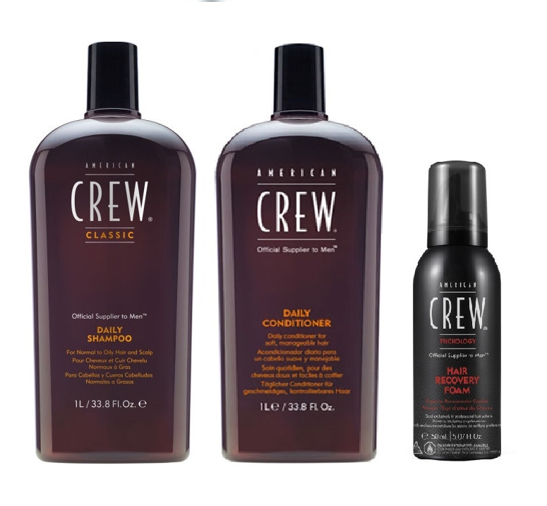 American Crew Daily Shampoo 1000ml, Conditioner 1000ml and Hair Recovery Foam 150ml