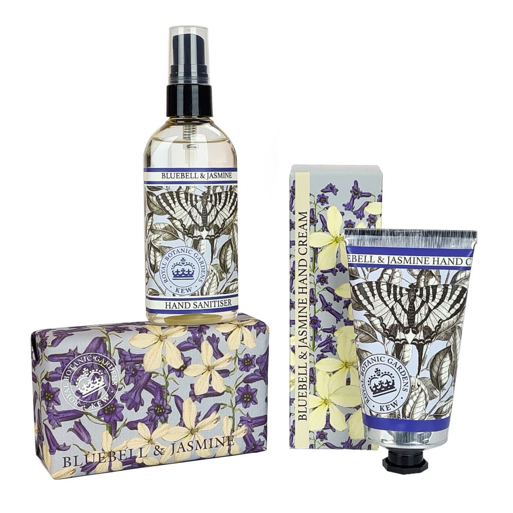 Kew Gardens Bluebell & Jasmine Hand Care Set – 240g Soap Bar – 75ml Hand Cream – 100ml Hand Sanitiser Spray – The English Soap Company