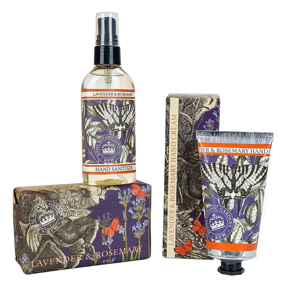 Kew Gardens Lavender & Rosemary Hand Care Set – 240g Soap Bar – 75ml Hand Cream – 100ml Hand Sanitiser Spray – The English Soap Company