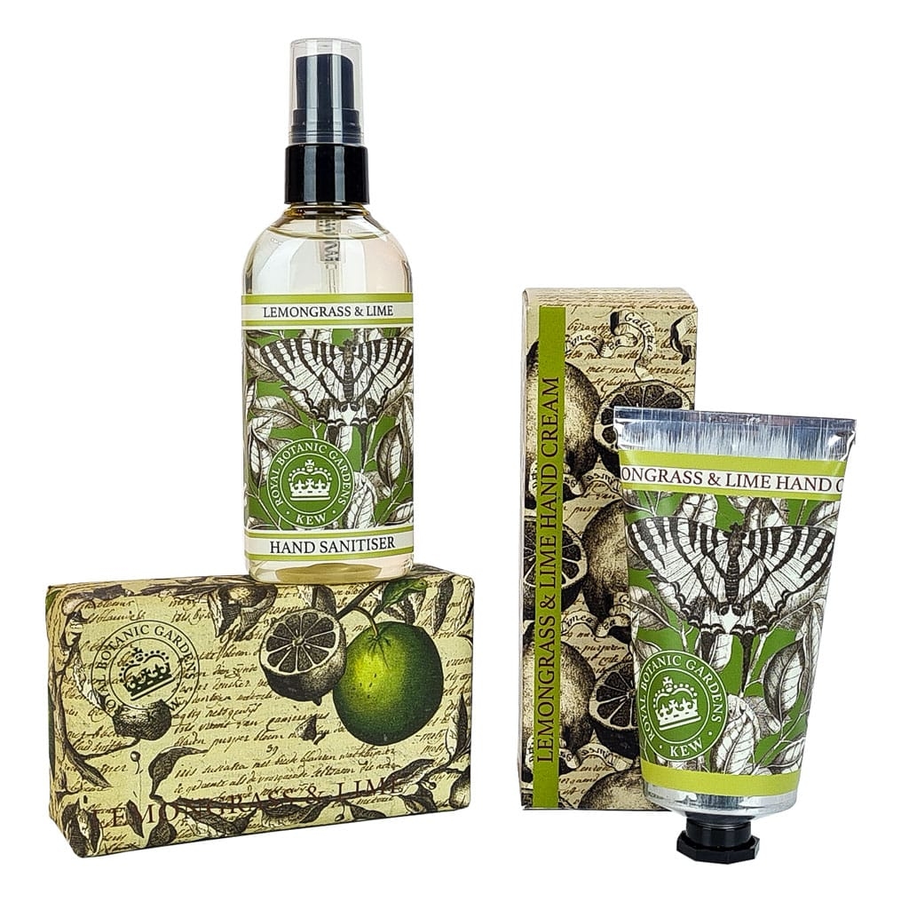 Kew Gardens Lemongrass & Lime Hand Care Set – 240g Soap Bar – 75ml Hand Cream – 100ml Hand Sanitiser Spray – The English Soap Company