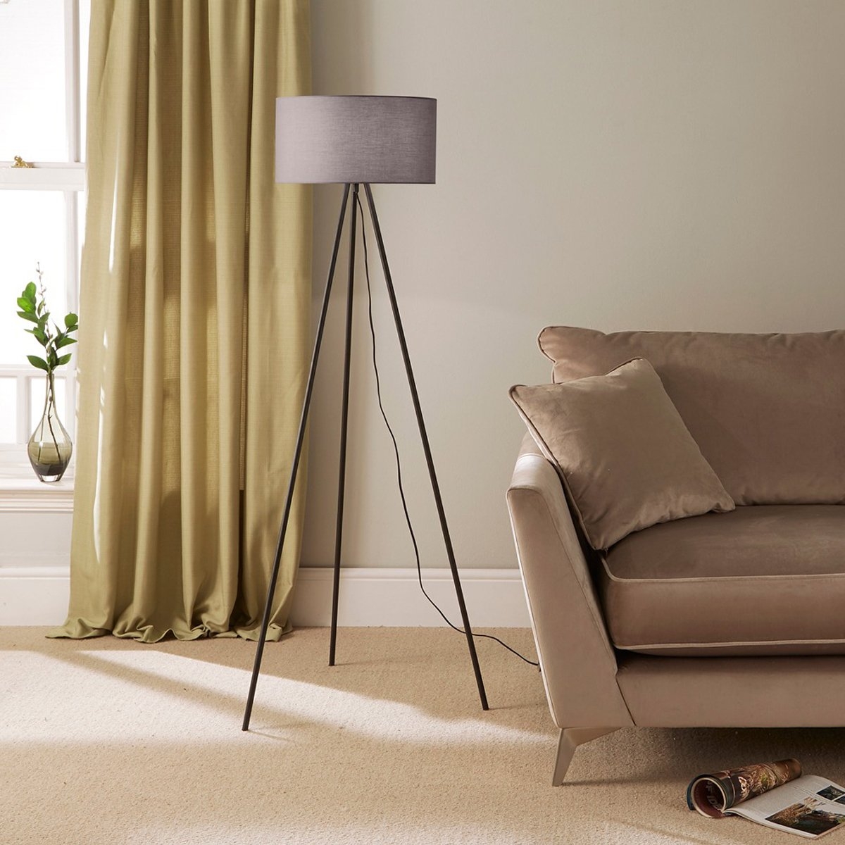 Black Or Grey Large Tripod Floor Lamp With Shade Included Grey – By CGC Interiors