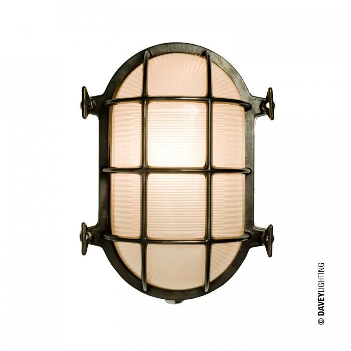 Davey Lighting – Oval Brass Bulkhead 7035 – With Internal Fixing – Weathered Brass – Frosted Prismatic Glass 110 X 165 X 235 mm