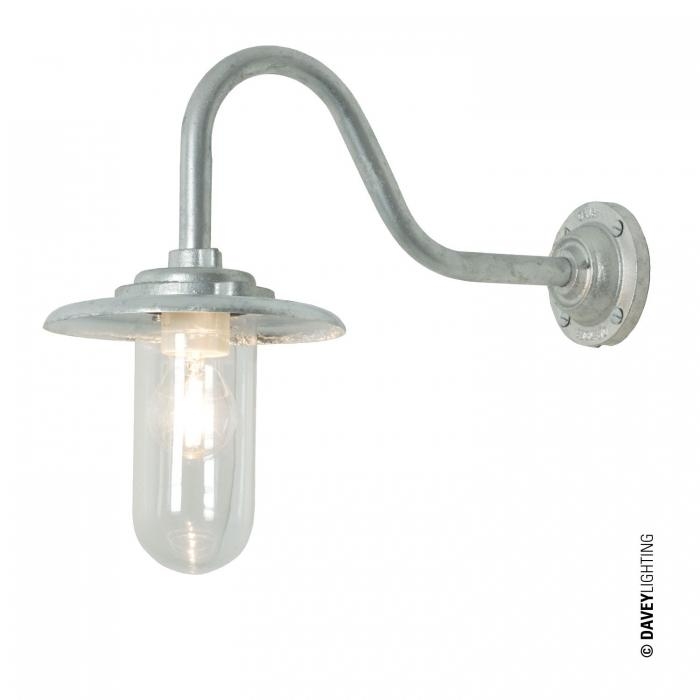 Davey Lighting – Exterior Bracket Light 60W – With Swan Neck Round Backplate – Galvanised Silver – Clear Glass 190 mm