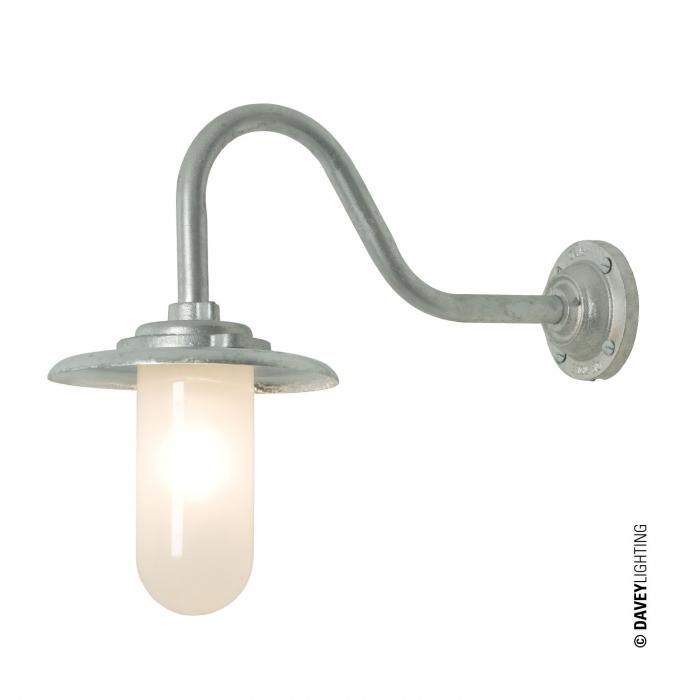 Davey Lighting – Exterior Bracket Light 60W – With Swan Neck Round Backplate – Galvanised Silver – Frosted Glass 190 mm