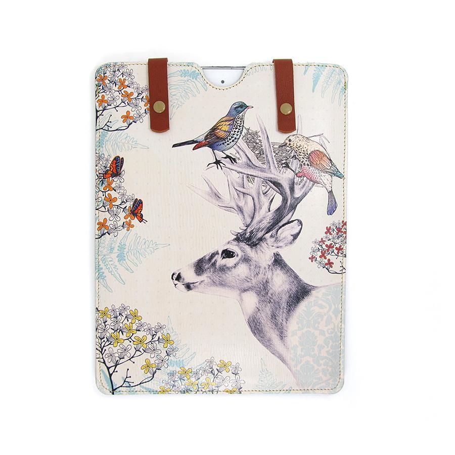 Leather iPad / Kindle / Tablet Case – Stag and Birds – iPad Mini 1/2/3/4 / Small tablet or Kindle case / Sleeve / White