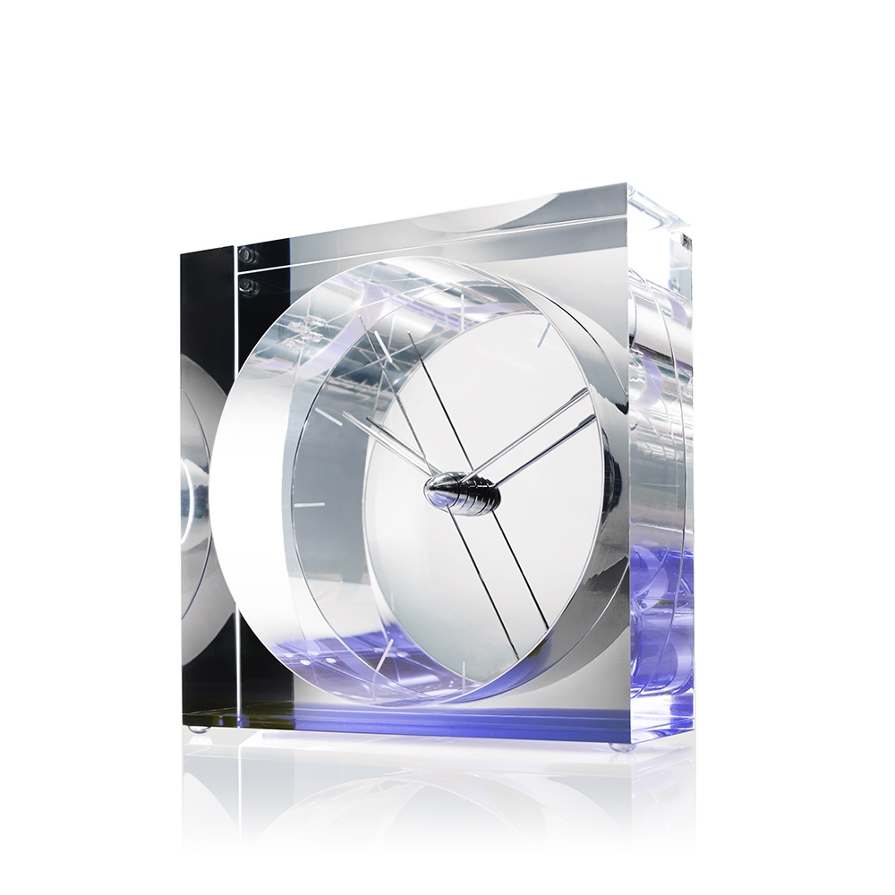Lemnos – Iris Table Clock – Blue – Clear / Purple – Acrylic / Steel – 12cm x 12cm x 6.3cm