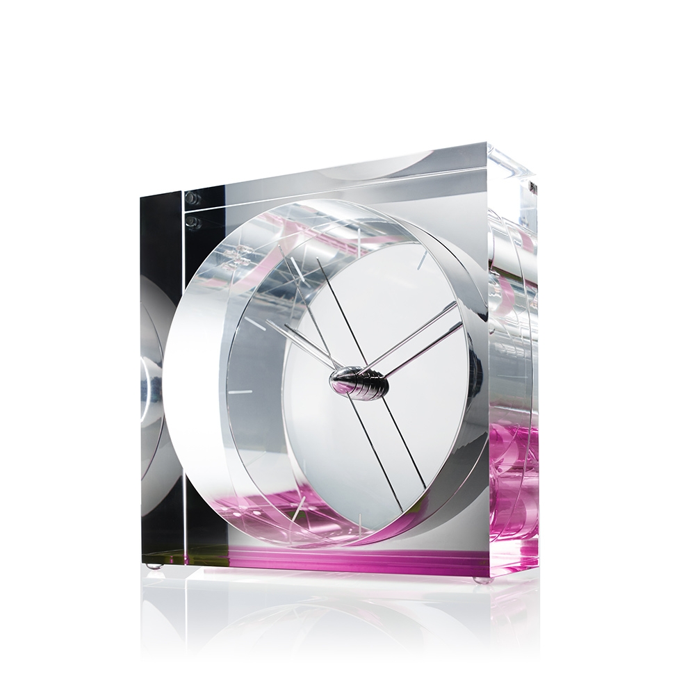 Lemnos – Iris Table Clock – Pink – Clear / Pink – Acrylic / Steel – 12cm x 12cm x 6.3cm