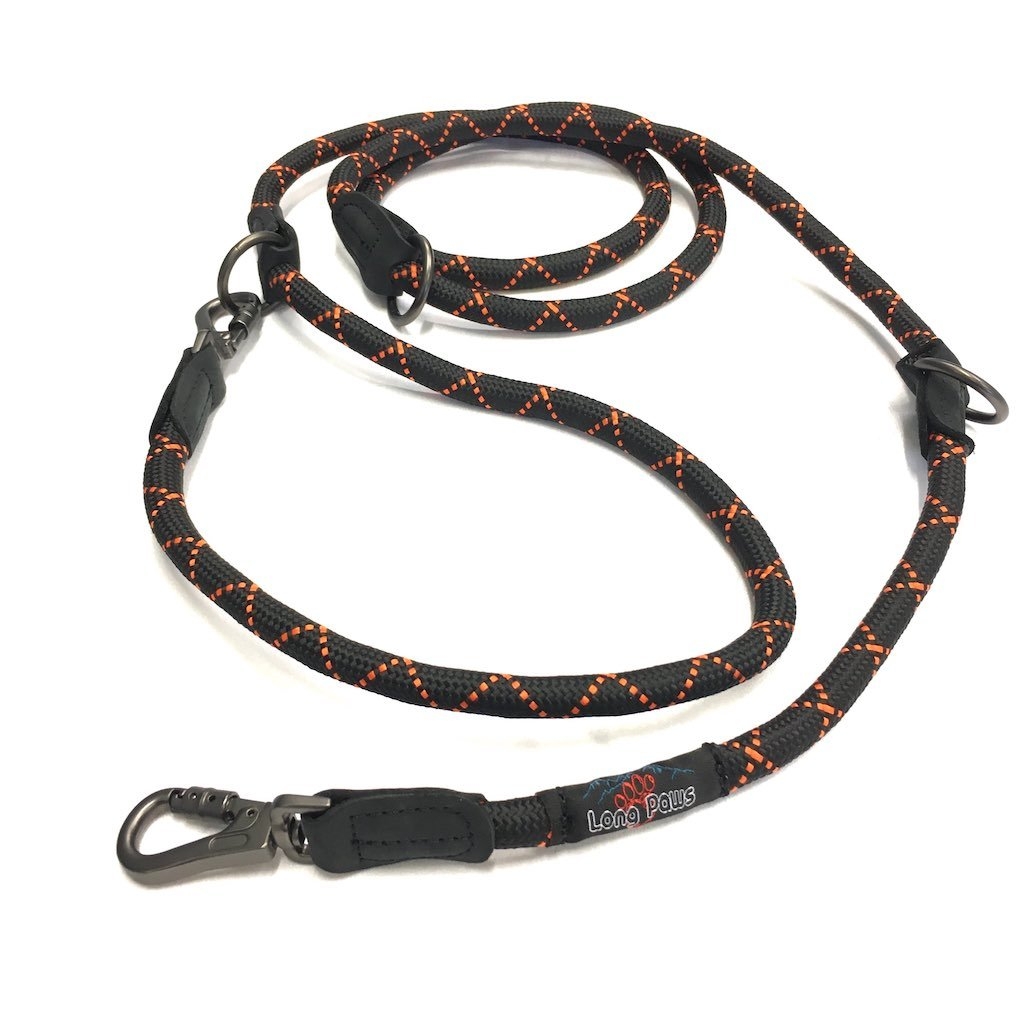 Multi Function Rope Training Leash – Variable Length – Dual Control – Coupler – Outdoor Visibility Black with Orange Stripes – Unisex – Long Paws