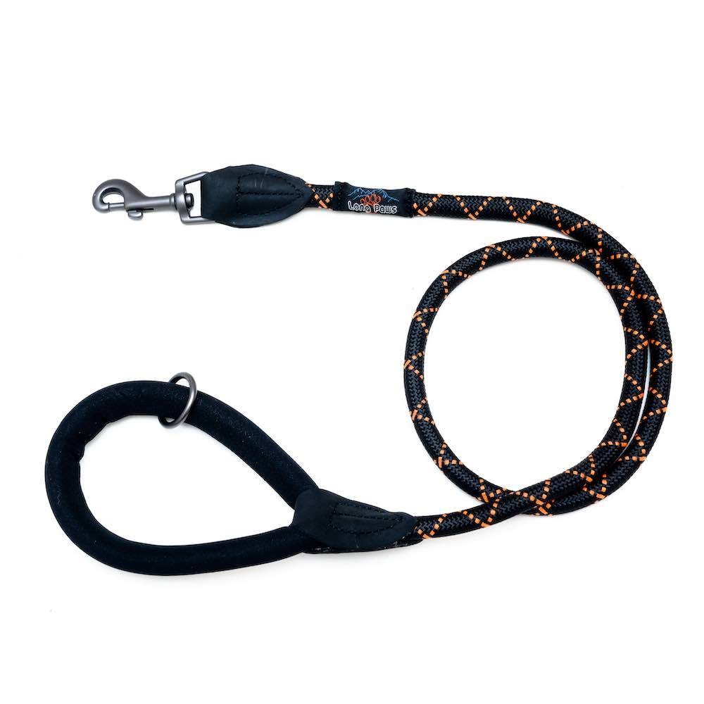 Comfort Padded Rope Leash (Mark 2) – Trigger Clip – Dog Lead 120cm – 48in – Black with Orange Stripe – Unisex – Long Paws