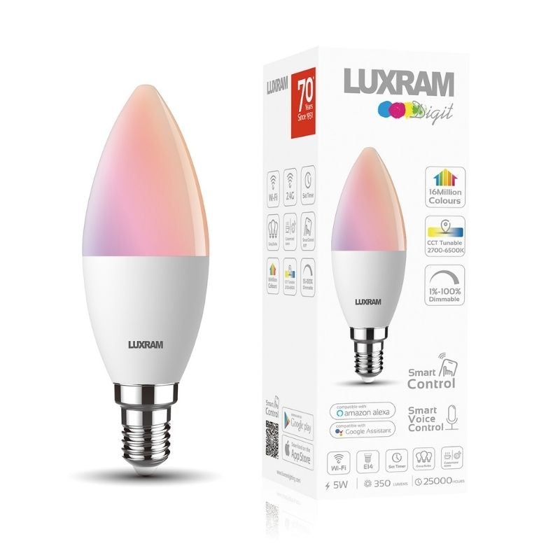 Luxram Digit Wi-Fi Smart Lamp,5W E14 Candle – RGB+CCT 2700K-6400K – 350lm – APP Control – Alexa & Google Voice Control – 3yrs Warranty 3000142 (