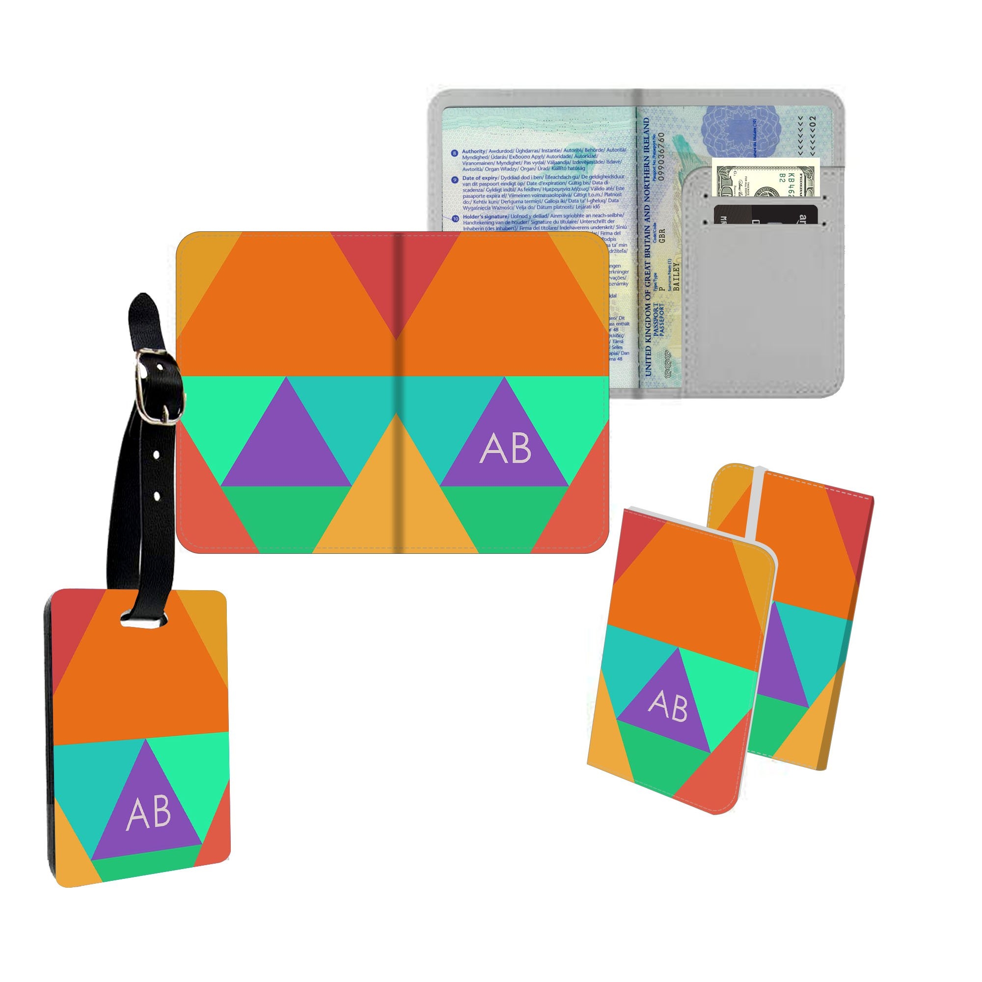 Personalised Name Passport Slim Cover Holder Luggage Tag Orange Triangle Blocks – Ai Printing