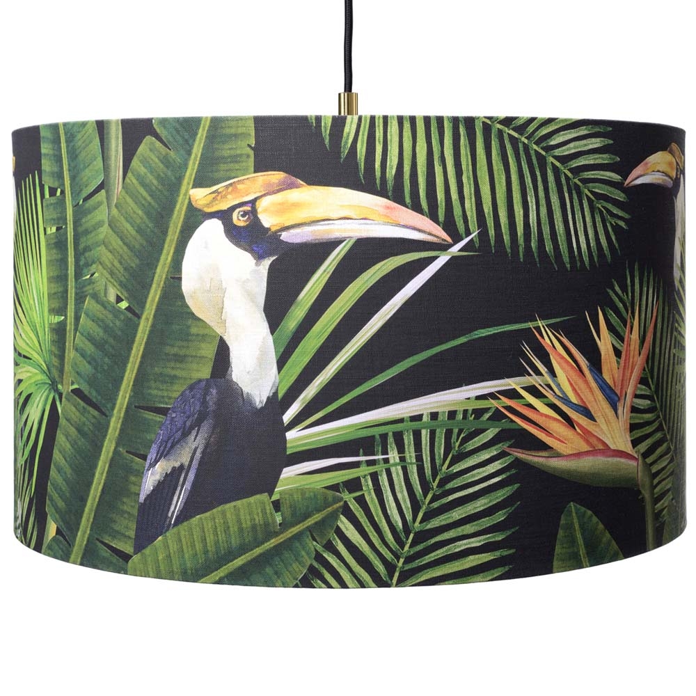 MINDTHEGAP – Birds of Paradise Pendant Light – Black / Green / Blue – Linen / Metallic Gold – 30cm x55cm
