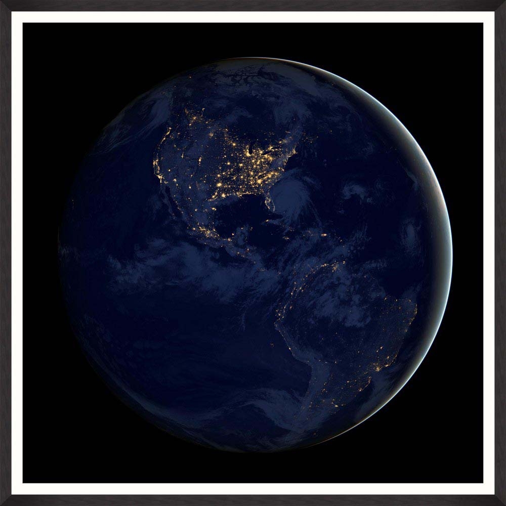 MINDTHEGAP – Earth Lights by NASA Framed Print – SMALL – 73cm x 73cm – Black / White / Blue – HDF / Glass / Paper – 73cm x 73cm x 3cm