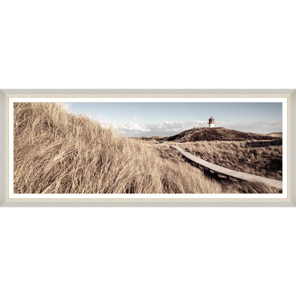 MINDTHEGAP – Beach Wooden Path Framed Print – LARGE – 66cm x 156cm – Brown / Blue – HDF / Glass / Paper – 66cm x 156cm x 2cm