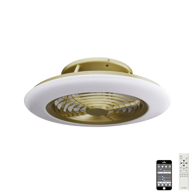Mantra Alisio Dimmable Ceiling Light With Built-In Reversible Fan In Matt Burnished Gold And White Finish M6707 – Alisio Ceiling – Mantra – Daz