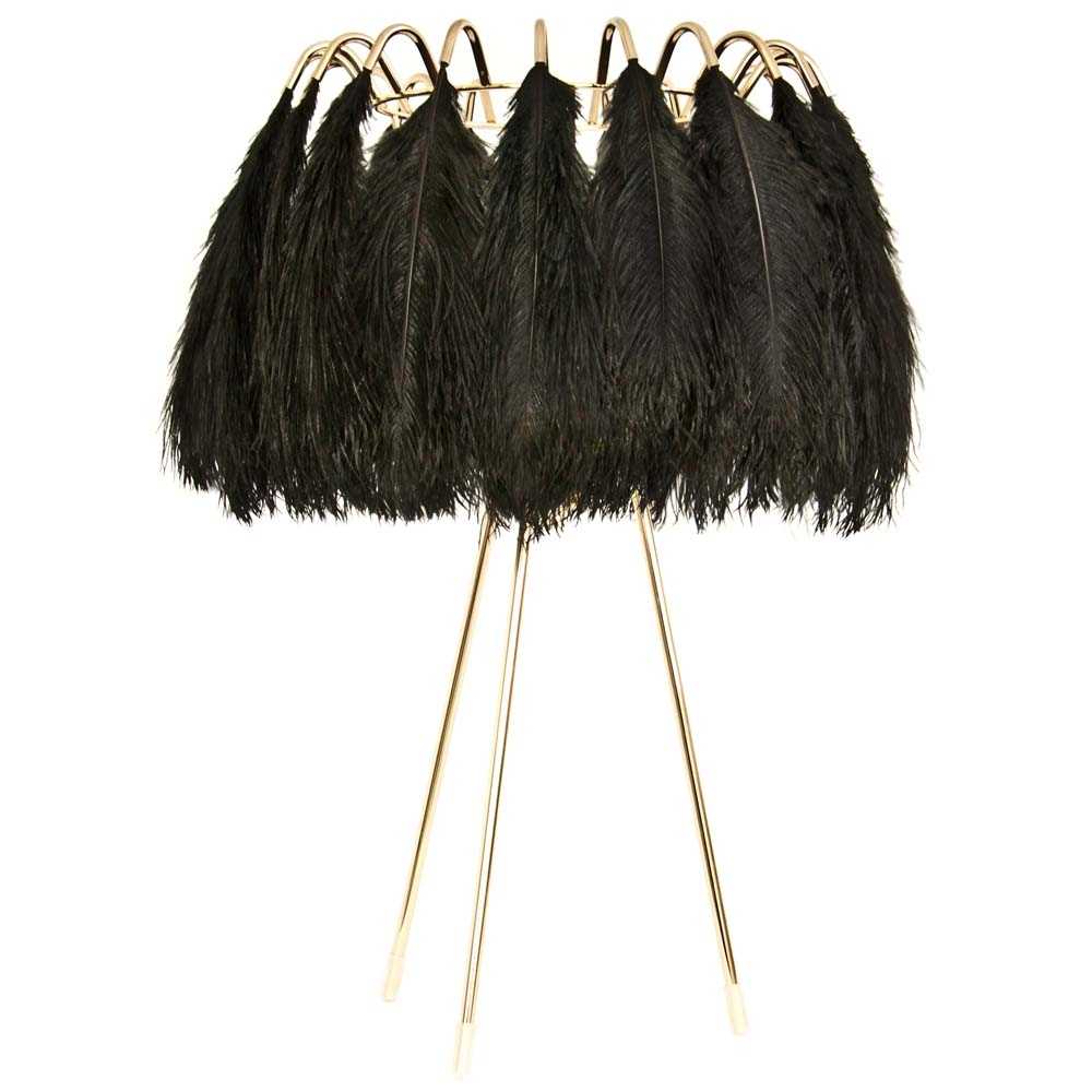 Mineheart – Feather Table Lamp – Black – Ostrich Feathers / Brass – 50cm x 50.8cm