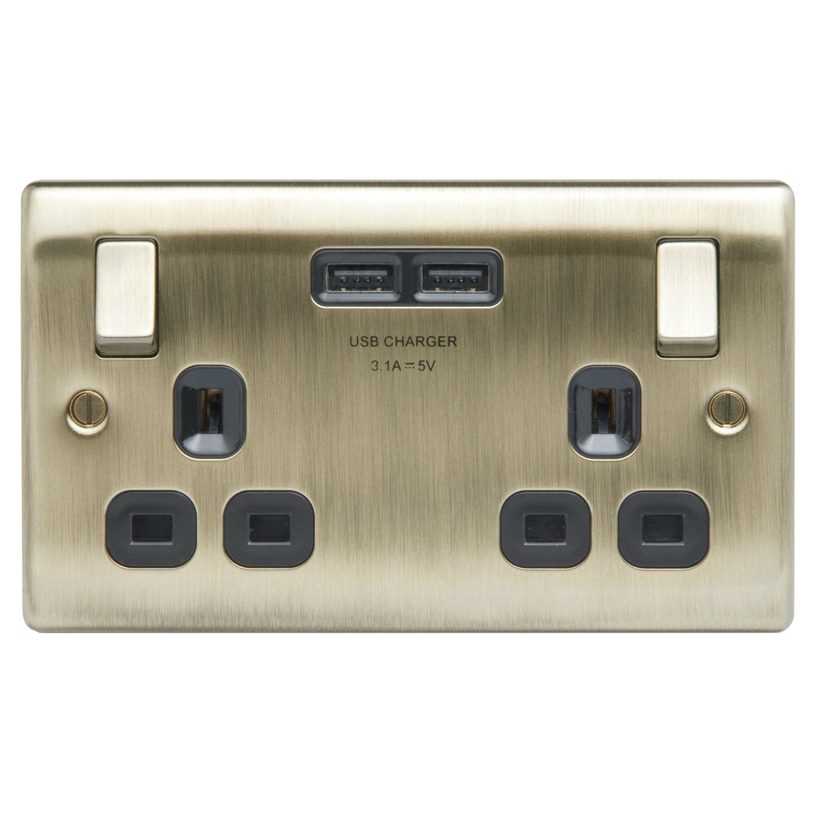 BG Nexus Metal Antique Brass Double Socket with USB Ports NAB22U3B Black Inserts 13 Amp – Masterlec