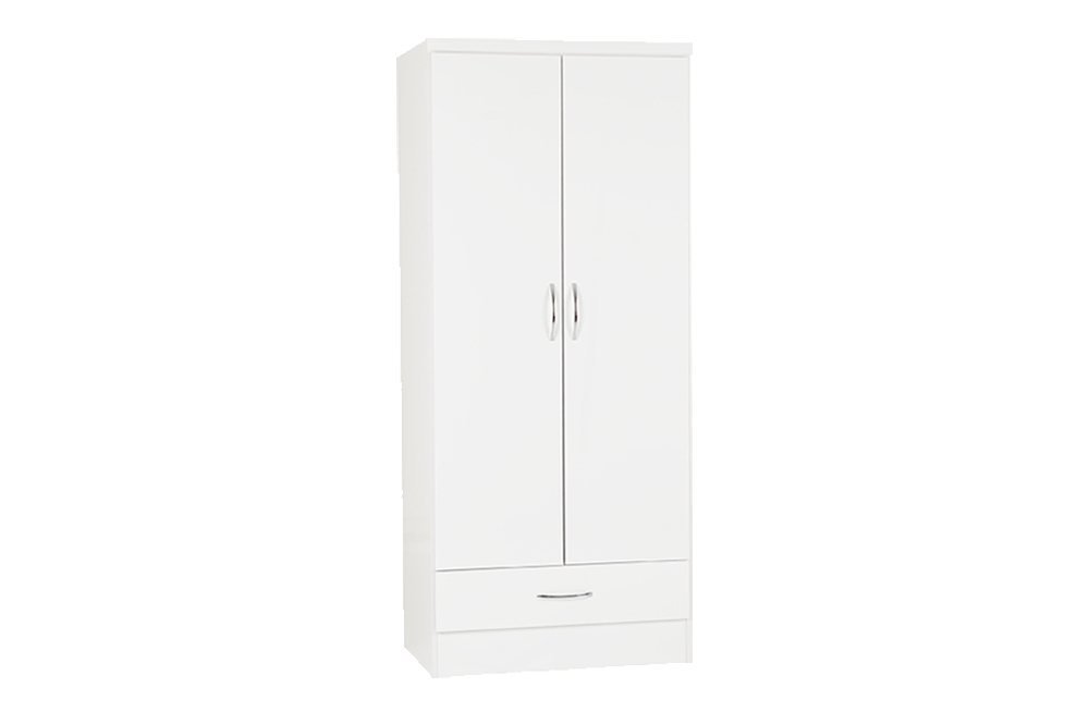 Nevada 2 Door 1 Drawer Wardrobe – White Gloss – Furnishop
