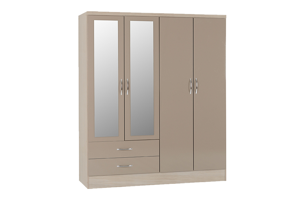 Nevada 4 Door 2 Drawer Mirrored Wardrobe – Oyster Gloss/Light Oak Effect Veneer – Furnishop