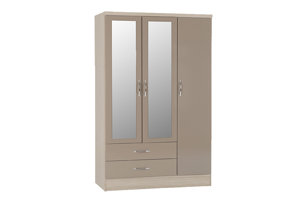 Nevada 3 Door 2 Drawer Mirrored Wardrobe – Oyster Gloss/Light Oak Effect Veneer – Furnishop