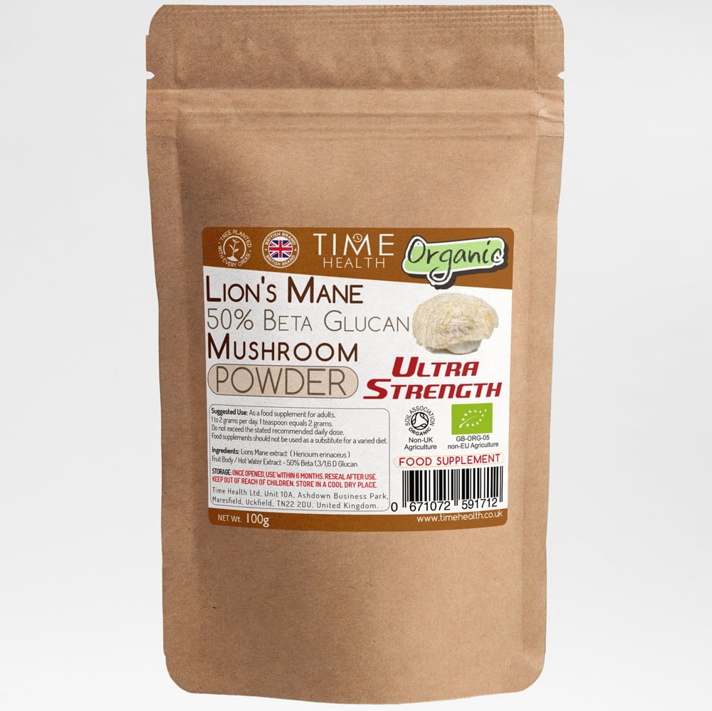 Organic Lions Mane – Hericium Erinaceus Ultra Strength 50% Beta 1,3/1,6 D Glucan – Capsules / Powder 100g Powder Pouch – Time Health
