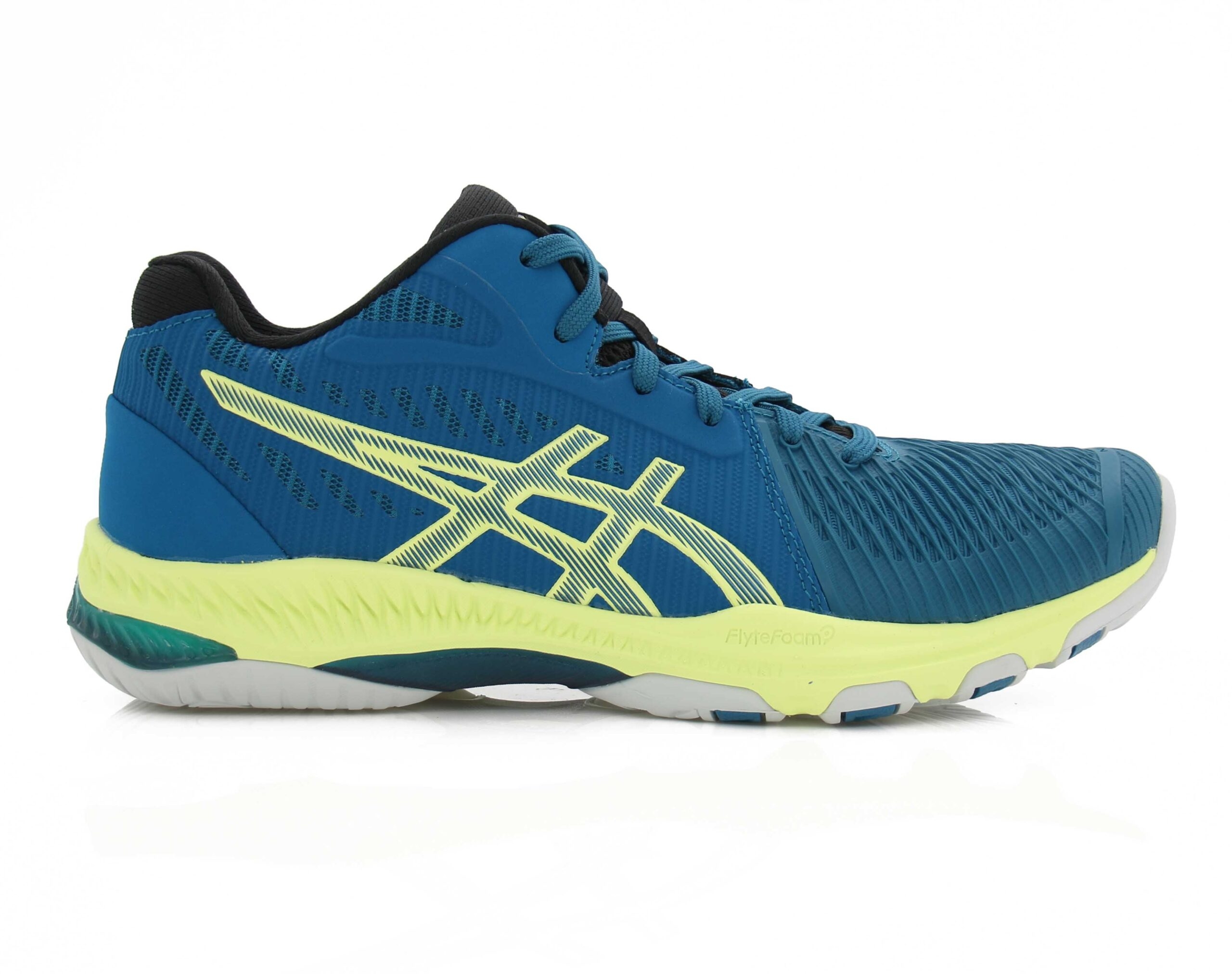 Mens Asics Netburner Ballistic FF MT 2 – Teal Netball Trainers – Suitable For Orthotics- Size 6 – Blue / Green / Yellow – Synthetic Fabric